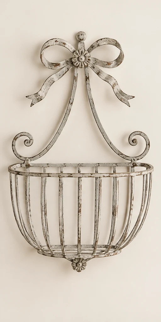 Violette Ribbon Basket in Grey white, empty basket front view